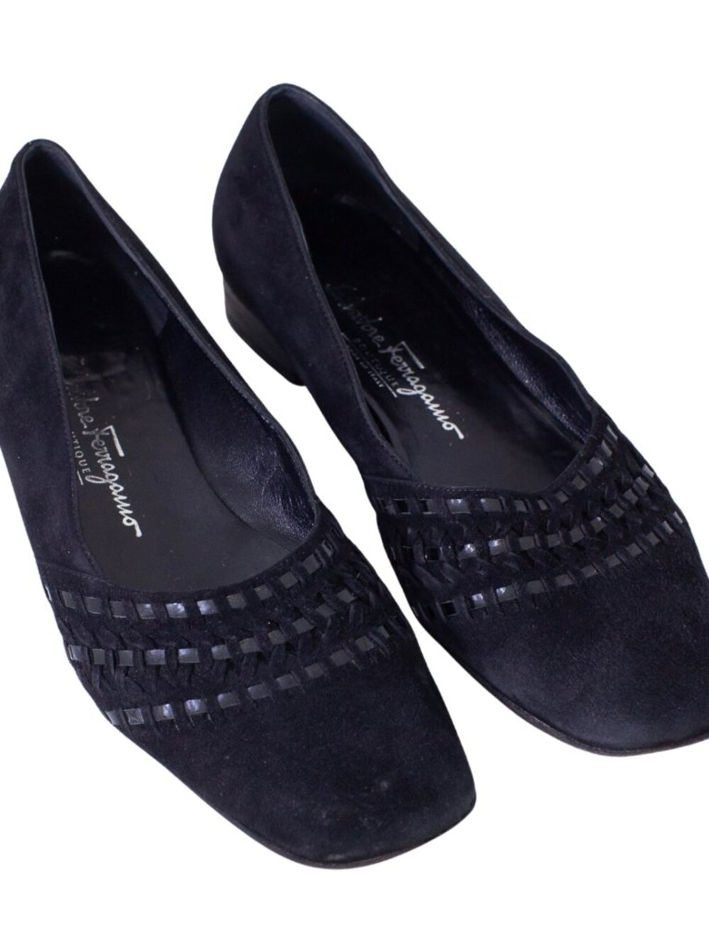 Ferragamo Black Suede Woven Low Heel Shoes Size 8.5